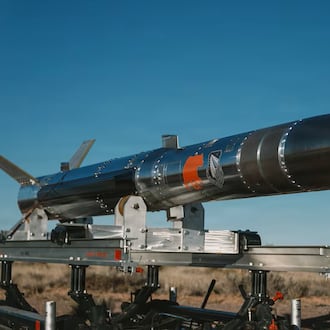 The Affordable Rapid Missile Demonstrator sits staged for flight Jan. 27, 2026. In this Air Force photo, the missile was positioned on a specialized air log cart, used to transport and load the vehicle onto the Transportable Target Launcher. The Air Force says the flight was a "key milestone in increasing the technology readiness level of the Draper liquid rocket engine." Ryan Harty, photographer.