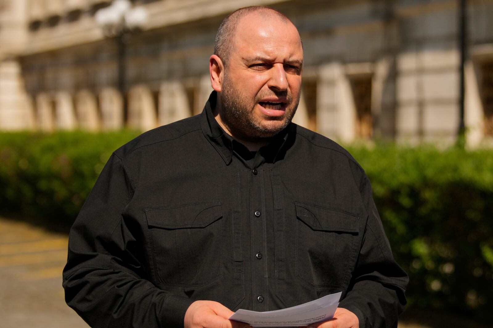 FILE - Ukrainian Defense Minister Rustem Umerov speaks to the media at the Ciragan Palace following the Ukraine-Russia peace talks in Istanbul, Turkey, Monday, June 2, 2025. (AP Photo/Emrah Gurel, File)