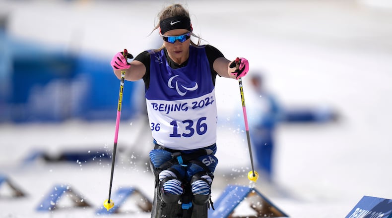 FILE - Oksana Masters of the U.S. competes during the women's middle distance sitting event of para cross country skiing at the 2022 Winter Paralympics, March 12, 2022, in Zhangjiakou, China. (AP Photo/Shuji Kajiyama, file)