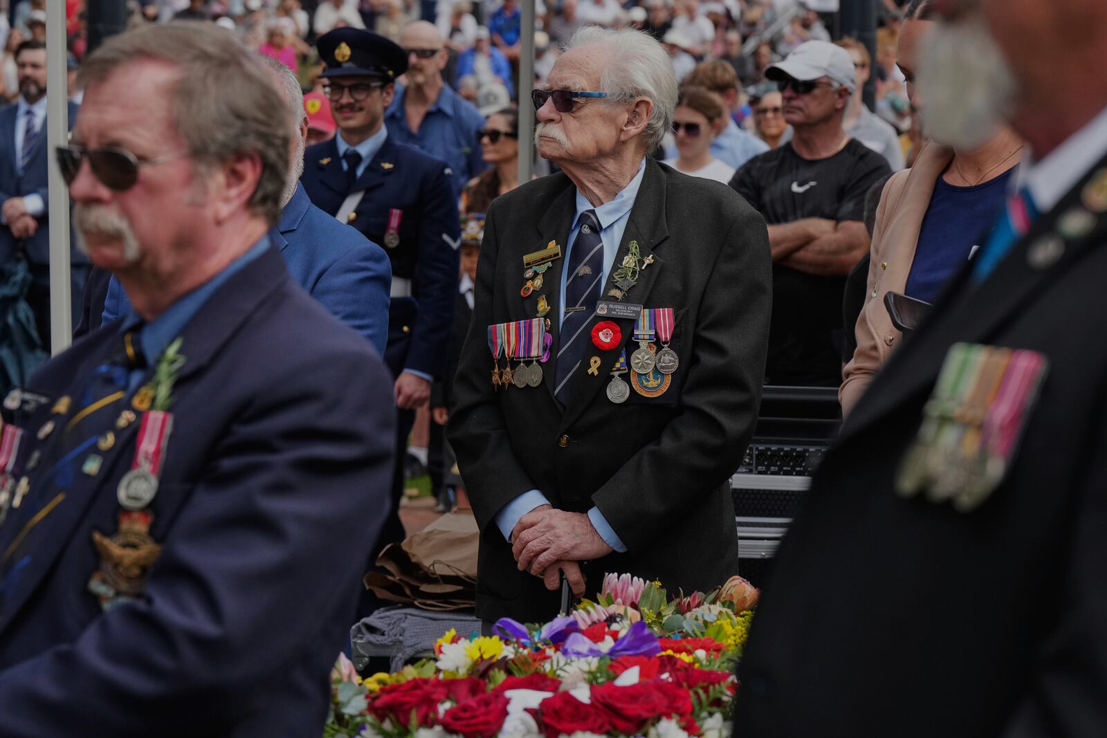 Veterans reacts during the Anzac Day commemorations in Nelson Bay, Australia, Friday, April 25, 2025. (AP Photo/Mark Baker)