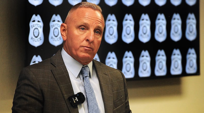 Dayton police Maj. Brian Johns provides an update Tuesday, April 16, 2024, about a 15-year-old girl who died in a shooting Sunday at a Dayton boarding house in the 400 block of Bowen Street. MARSHALL GORBY\STAFF