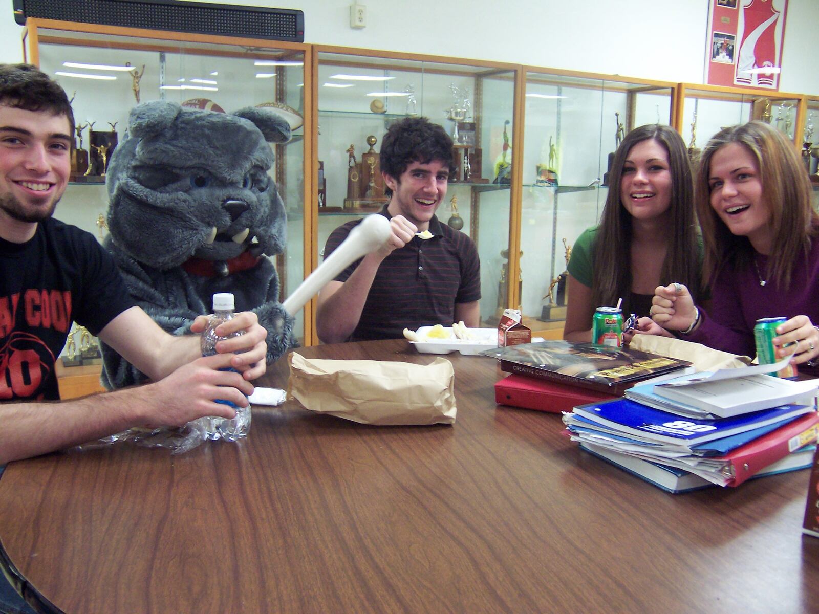 Milton-Union High School seniors from left: Ken Battiston, Grant Victor, Ashley Kitchen and Janelle Lopez eat lunch with the Bulldog in the Milton-Union cafeteria.
