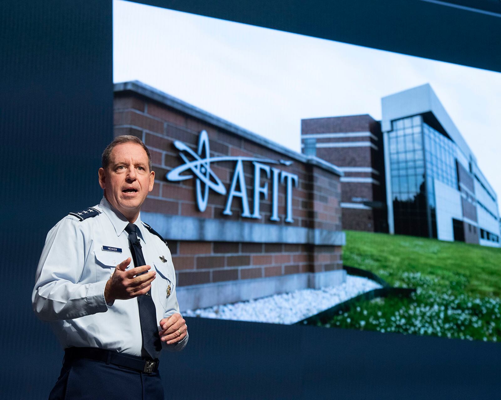 Lt. Gen. James Hecker, Air University commander and president, speaks during an all-call event July 28 at the Air Force Institute of Technology. Hecker was on campus to officiate the AFIT change of command later that morning and took the opportunity to speak with faculty and students. U.S. AIR FORCE PHOTO/R.J. ORIEZ