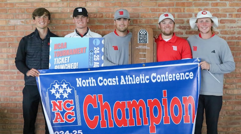 The Wittenberg golf team poses with the NCAC championship trophy on May 4, 2025, at Otter Creek Golf Club in Columbus, Ind. Photo courtesy of Wittenberg