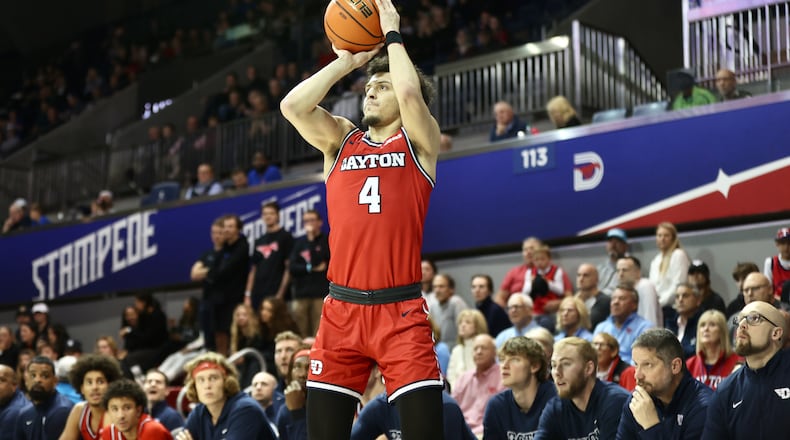 Dayton's Koby Brea shoots against Southern Methodist on Wednesday, Nov. 29, 2023, at Moody Coliseum in Dallas, Texas. David Jablonski/Staff