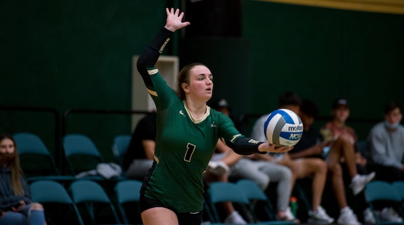 Wright State's Jenna Story prepares to serve in a match against IUPUI last season. Joseph Craven/Wright State Athletics