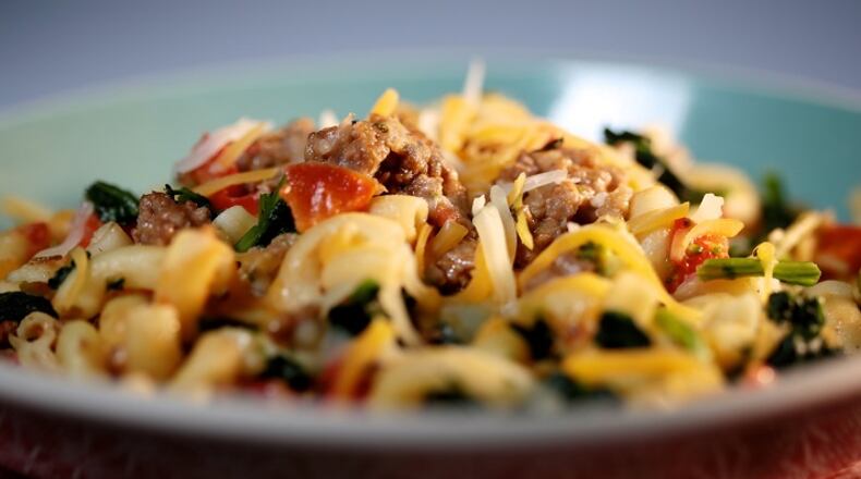 Cheesy Hamburger Skillet made with lean ground beef, macaroni, tomatoes and red bell peppers. (Salwan Georges/Detroit Free Press/TNS)