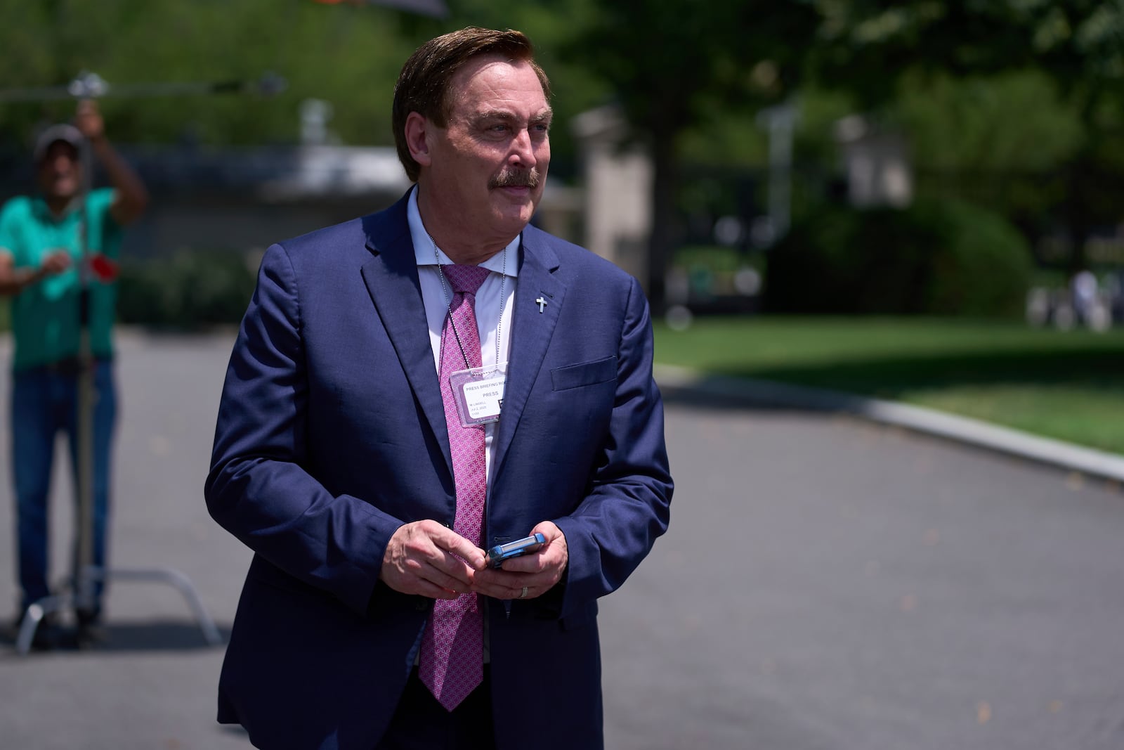 MyPillow founder Mike Lindell stands outside the White House, Wednesday, July 2, 2025, in Washington. (AP Photo/Evan Vucci)
