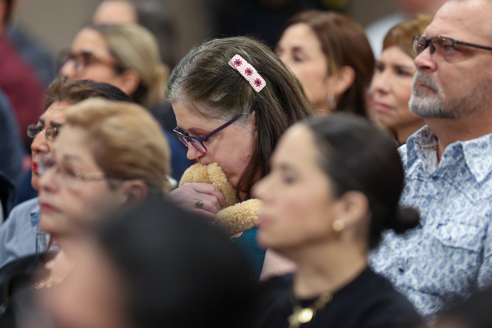 A person reacts during a hearing for Patrick Crusius, the Walmart mass shooter, in the 409th district Commissioners Courtroom at the Enrique Moreno County Courthosue in El Paso, Texas, April 21, 2025. (Ruben R. Ramirez/Pool Photo via AP)