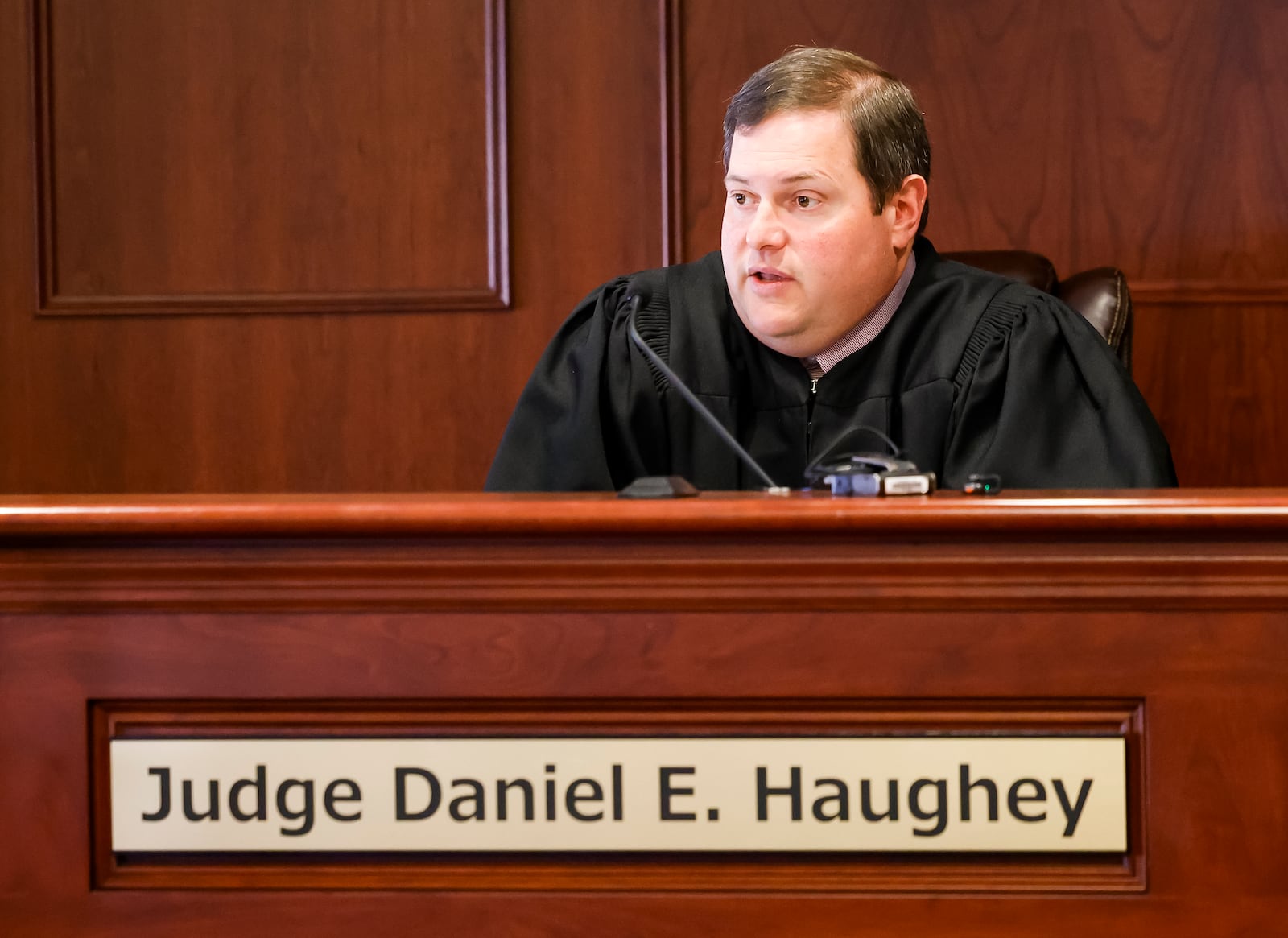 Anthony Brown, 35, of Hamilton, charged with several counts, including aggravated murder and murder, was allowed to represent himself in his trial to start on Sept. 29. Pictured is Butler County Judge Dan Haughey on Sept. 11, 2025, during Brown's a pro se motion hearing that would allow the Hamilton man to fire his public defender, Kirk McVAy, and represent himself. NICK GRAHAM/STAFF