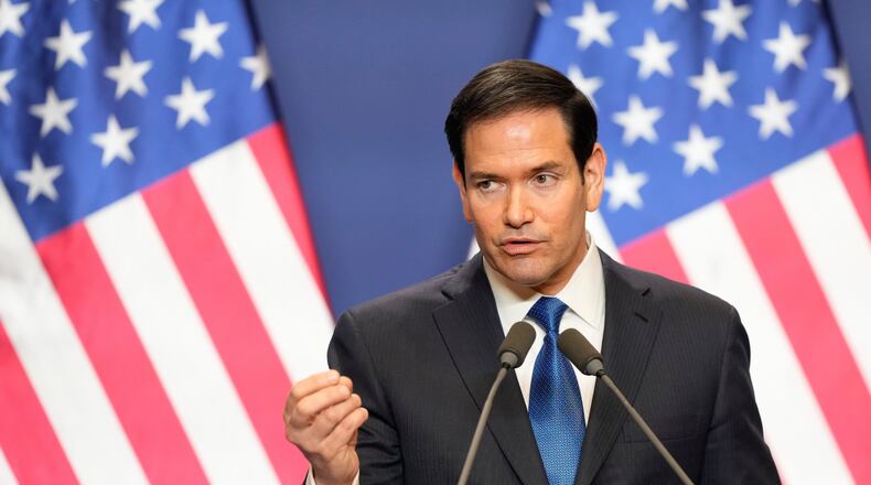 U.S. Secretary of State Marco Rubio speaks during a joint news conference with Hungary's Prime Minister Viktor Orban in Budapest, Hungary, Monday, Feb. 16, 2026. (AP Photo/Alex Brandon, Pool)