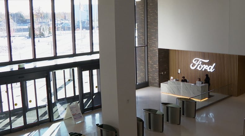 This image taken from video shows a lobby in Ford Motor Co.'s new headquarters building, Monday, Nov. 10, 2025, in Dearborn, Mich. (AP Photo/Mike Householder)