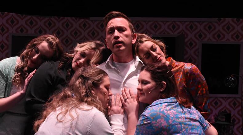 Bobby Mitchum (center as Robert) with (clockwise) Allie Haines (Sarah), Abby Hoggatt (Jenny), Danielle Ruddy (Susan), Lindsay Sherman (Joanne) and Kara Hancock (Amy) in TheatreLab Dayton's production of "Company." PHOTO BY THEATRELAB DAYTON