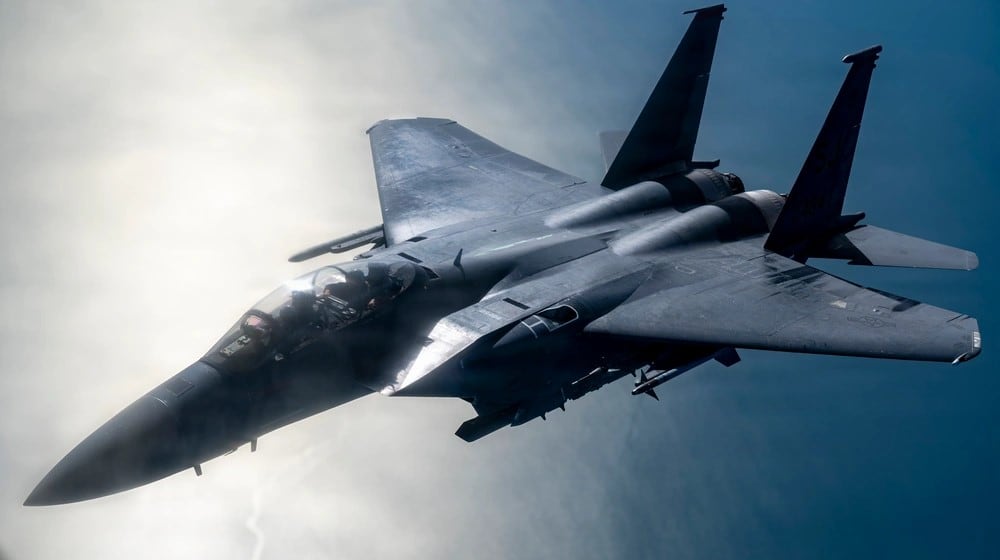 An F-15E Strike Eagle with the 4th Fighter Wing approaches a KC-135 Stratotanker from the 121st Air Refueling Wing to be refueled over the skies of North Carolina, Jan. 21, 2026. Air National Guard photo by Airman Samir Harris