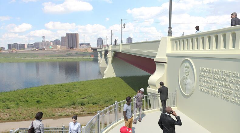 An architect's rendering shows how Montgomery Countys most expensive bridge project a planned $21.6 million span of Third Street across the Great Miami River will look when the project is completed by the end of 2022. A panel at right honors the Dayton poet Paul Laurence Dunbar. SUBMITTED / CREATIVE DESIGN RESOLUTIONS, INC.