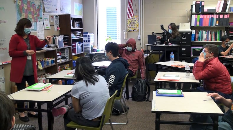 Theresa Replogle (far left) teaches an English language arts class at Centerville High School. CONTRIBUTED