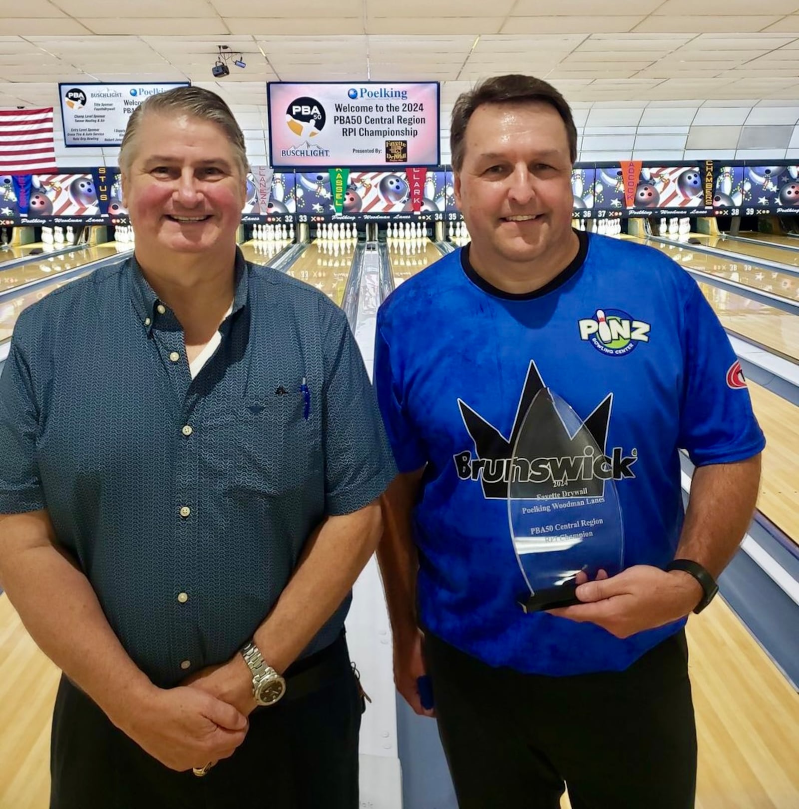 Michigan bowler Troy Stus (right) won his first PBA50 Regional title at the PBA50 Central Region RPI Championship last year. CONTRIBUTED