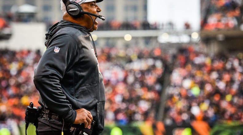 Cincinnati Bengals head coach Marvin Lewis yells at the team during their game against the Pittsburgh Steelers Sunday, Oct. 14 at Paul Brown Stadium in Cincinnati. NICK GRAHAM/STAFF