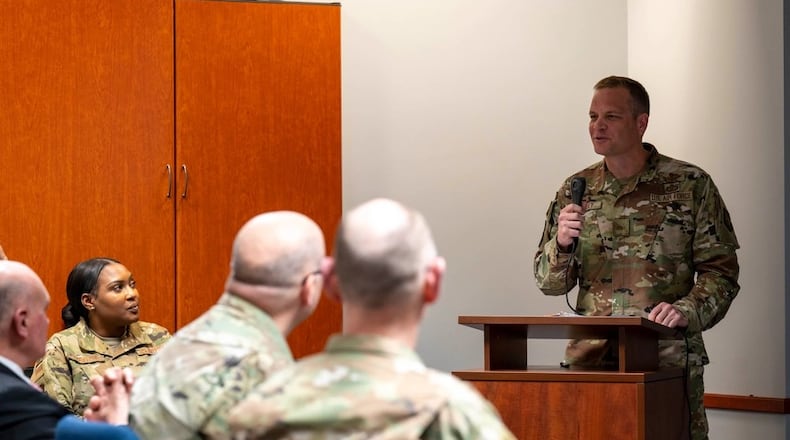 Brig. Gen. Erik Quigley, Air Force Life Cycle Management Center Bombers Directorate program executive officer, addresses attendees during a Change of Leadership ceremony on Wright-Patterson Air Force Base, April 5, 2024. Quigley was responsible for the sustainment and modernization of the bombers portfolio, which includes the B-1, B-2, and B-52. (U.S. Air Force photo by Staff Sgt. Mikaley Kline)