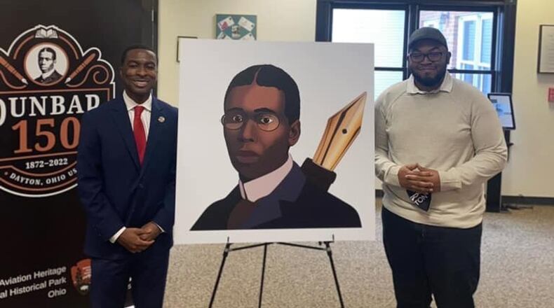 State Rep. Willis Blackshear Jr. with Alfred Taylor, designer of the Paul Laurence Dunbar license plate. Blackshear introduced legislation this week to create the license plate to honor the life and legacy of the Dayton-born poet. CONTRIBUTED