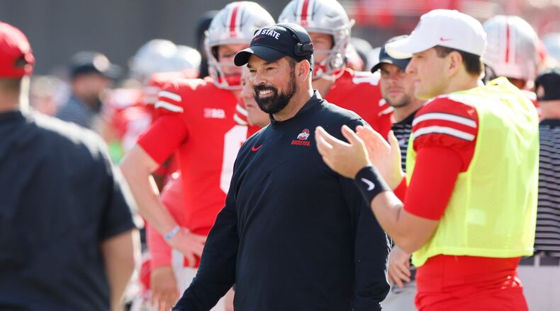 Ohio State head coach Ryan Day reacts after a touchdown against Iowa during the second half of an NCAA college football game Saturday, Oct. 22, 2022, in Columbus, Ohio. (AP Photo/Jay LaPrete)