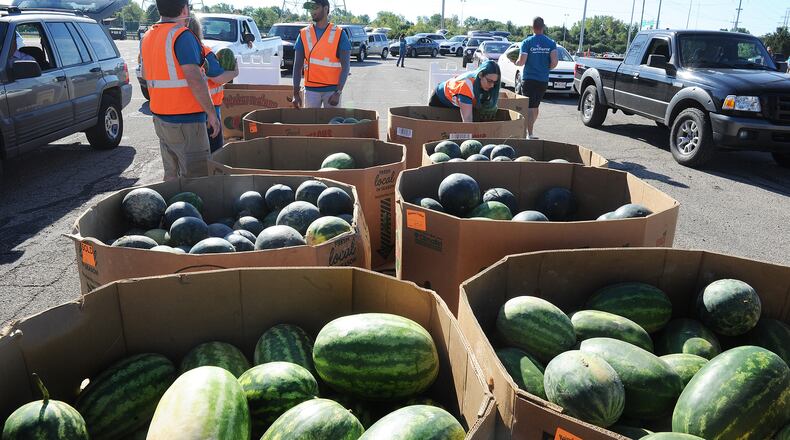 Volunteers handed out watermelons Thursday, Sept. 9, 2021, at The Foodbank Inc. mass food distribution at the Wright State University Nutter Center. MARSHALL GORBY\STAFF