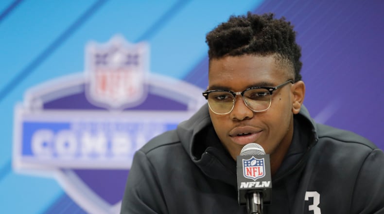 Oklahoma offensive lineman Orlando Brown speaks during a press conference at the NFL football scouting combine, Thursday, March 1, 2018, in Indianapolis. (AP Photo/Darron Cummings)