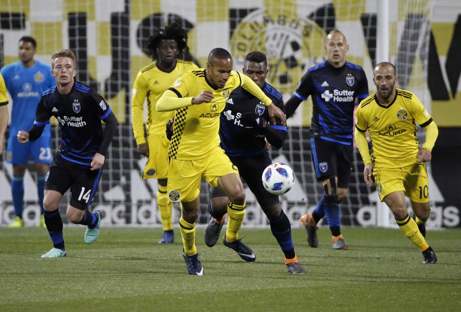 Columbus Crew SC midfielder Ricardo Clark (2) gains control of the ball against San Jose Earthquakes during a game at Mapfre Stadium earlier this year. COLUMBUS DISPATCH PHOTO BY KYLE ROBERTSON