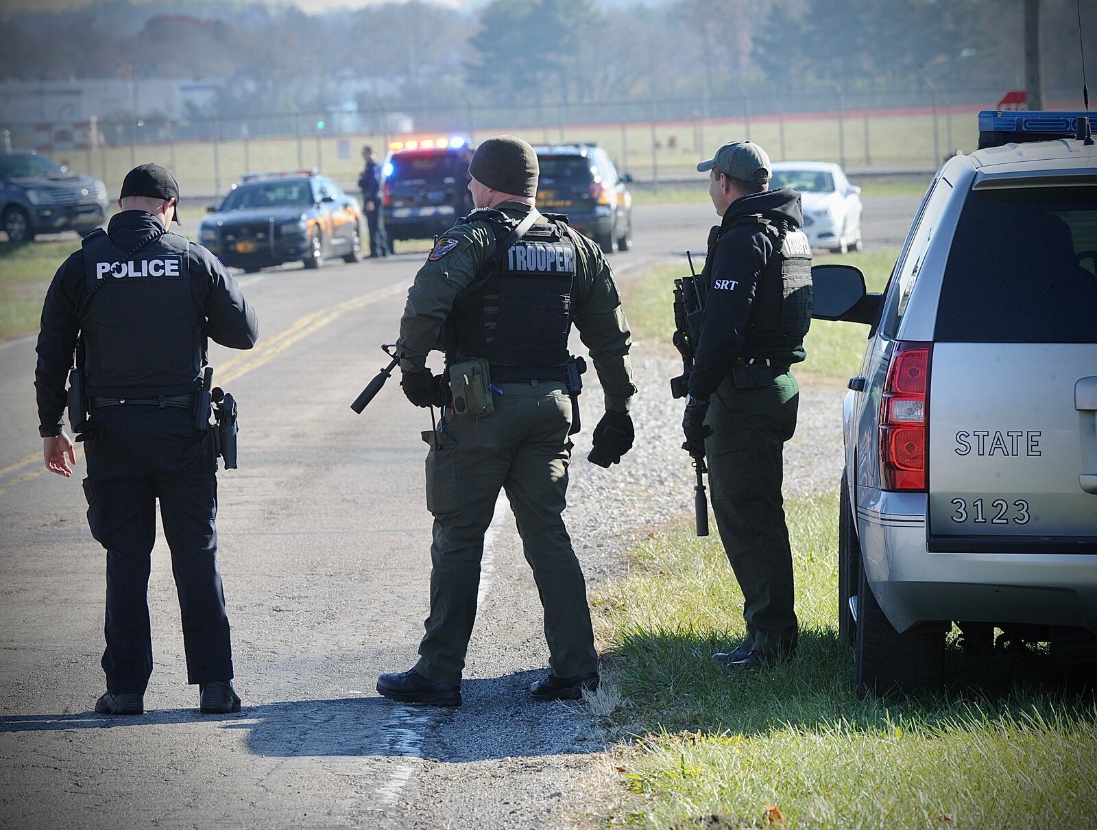 Ohio State Highway Patrol troopers, Greene and Clark sheriff's deputies, and Huber Heights fire and police were searching for a stolen truck and suspect on Haddix Road on Tuesday, Nov. 30, 2021. MARSHALL GORBY / STAFF