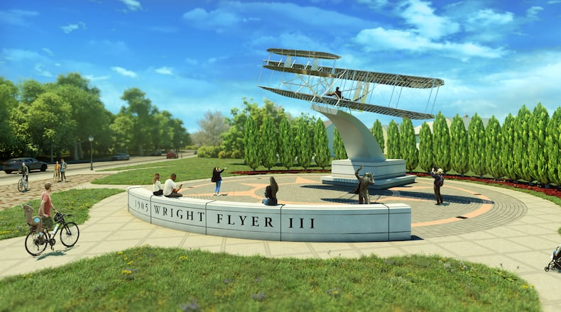 Shown is an artist rendering of what the new location of the Wright Flyer III statue will look like. /CONTRIBUTED