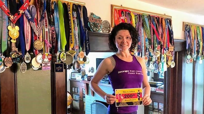 Cancer survivor and pacer Julia Khvasechko will run her 229th marathon at this year’s Air Force Marathon Sept. 21. Khvasecko has ran a marathon in all 50 states twice and is now working on round three, making the Air Force marathon her third marathon run in the state of Ohio. (Courtesy photo)