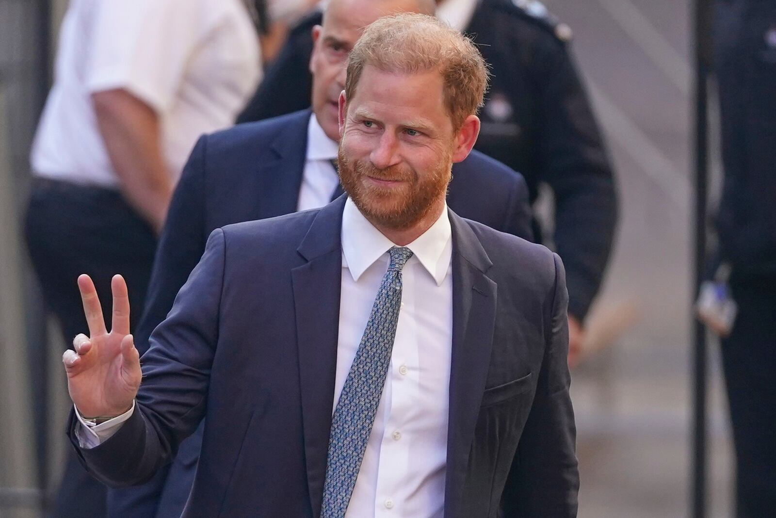 Prince Harry gestures as he arrives at the High Court in London, England, Tuesday, April 8, 2025. (AP Photo/Alberto Pezzali)