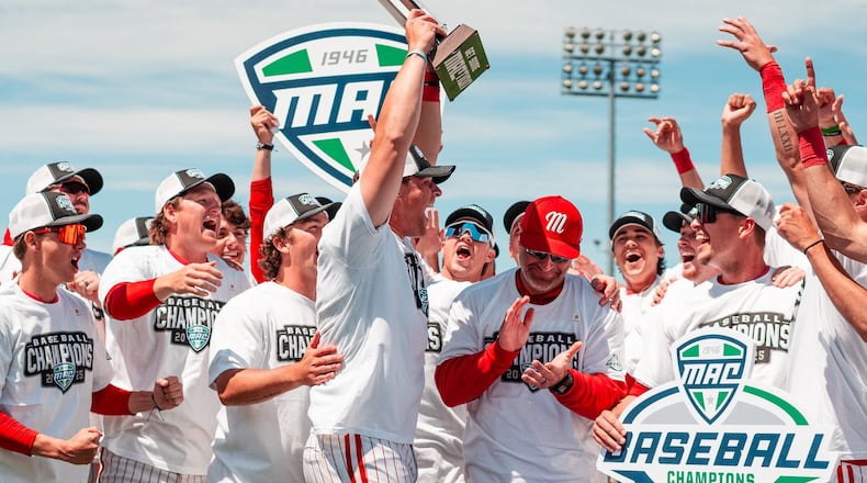 The Miami University baseball team celebrates after winning the 2025 Mid-American Conference Tournament on Sunday in Avon. CONTRIBUTED
