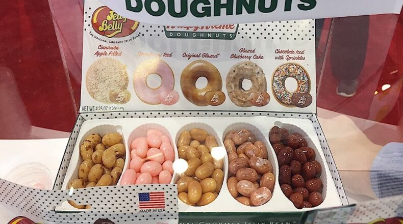 While Jelly Belly once again remarkably captures realistic flavors, this time with five Krispy Kreme doughnut flavored jelly beans, there's one flavor that was unavailable to taste at the show. The Krispy Kreme original glazed was the best among the doughnut offerings, which also included cinnamon apple filled, strawberry iced, glazed blueberry cake and chocolate iced with sprinkles, probably because of its iconic taste. But the one that wins weirdest concept? The new "Minion" movie edition Bean Boozled green jelly beans which may taste like sour apple or "Minion fart." I was advised by a source who has tasted the latter to do so in a room with excellent ventilation or outdoors.  (Louisa Chu/Chicago Tribune/TNS)