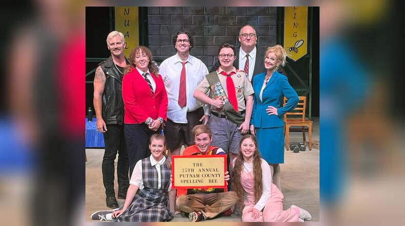 La Comedia Dinner Theatre's production of "The 25th Annual Putnam County Spelling Bee" features: (back row, left to right) Tyler Kirk (Mitch Mahoney), Madeline Nichole (Logainne Schwartzandgrubenierre), Christopher Norton (William Barfee), Kyle Krichbaum (Chip Tolentino), Jason S. Lakes (Vice-Principal Douglas Panch), Karie-Lee Sutherland (Rona Lisa Peretti) (front row, left to right) Allison Gabert (March Park), Jonathan Pendergrass (Leaf Coneybear), and Eva Bower (Olive Ostrovsky).