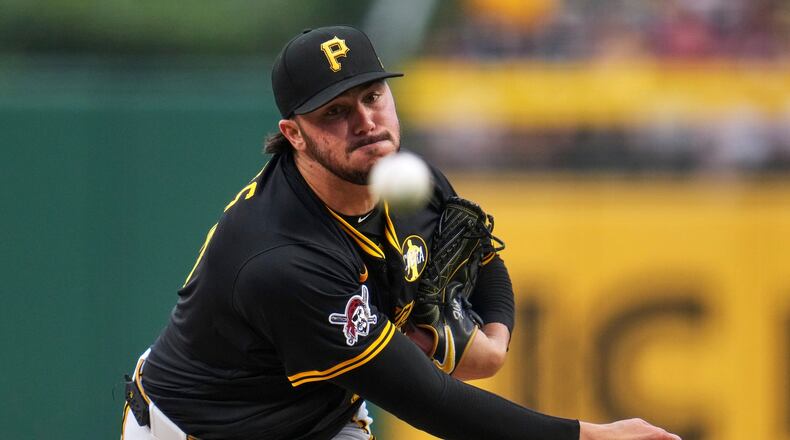 Pittsburgh Pirates pitcher Paul Skenes delivers during the second inning of a baseball game against the Cincinnati Reds in Pittsburgh, Thursday, Aug. 7, 2025. (AP Photo/Gene J. Puskar)