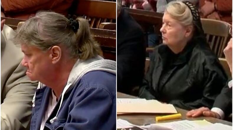 Rita Jo Newcomb, left, and Fredericka Wagner appeared in a Pike County courthouse Thursday for hearings. The two are accused of helping cover up the murders of eight members of the Rhoden family. Photo courtesy WCPO