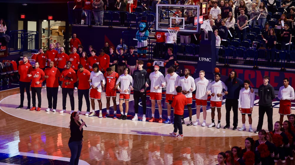 Dayton stands for the national anthem before a game against Duquesne on Tuesday, Jan. 13, 2026, at the UPMC Cooper Fieldhouse in Pittsburgh. David Jablonski/Staff