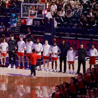 Dayton stands for the national anthem before a game against Duquesne on Tuesday, Jan. 13, 2026, at the UPMC Cooper Fieldhouse in Pittsburgh. David Jablonski/Staff
