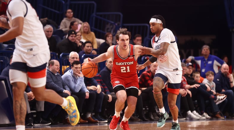 Dayton's Brady Uhl dribbles against Duquesne on Tuesday, Jan. 21, 2025, at the UPMC Cooper Fieldhouse in Pittsburgh. David Jablonski/Staff