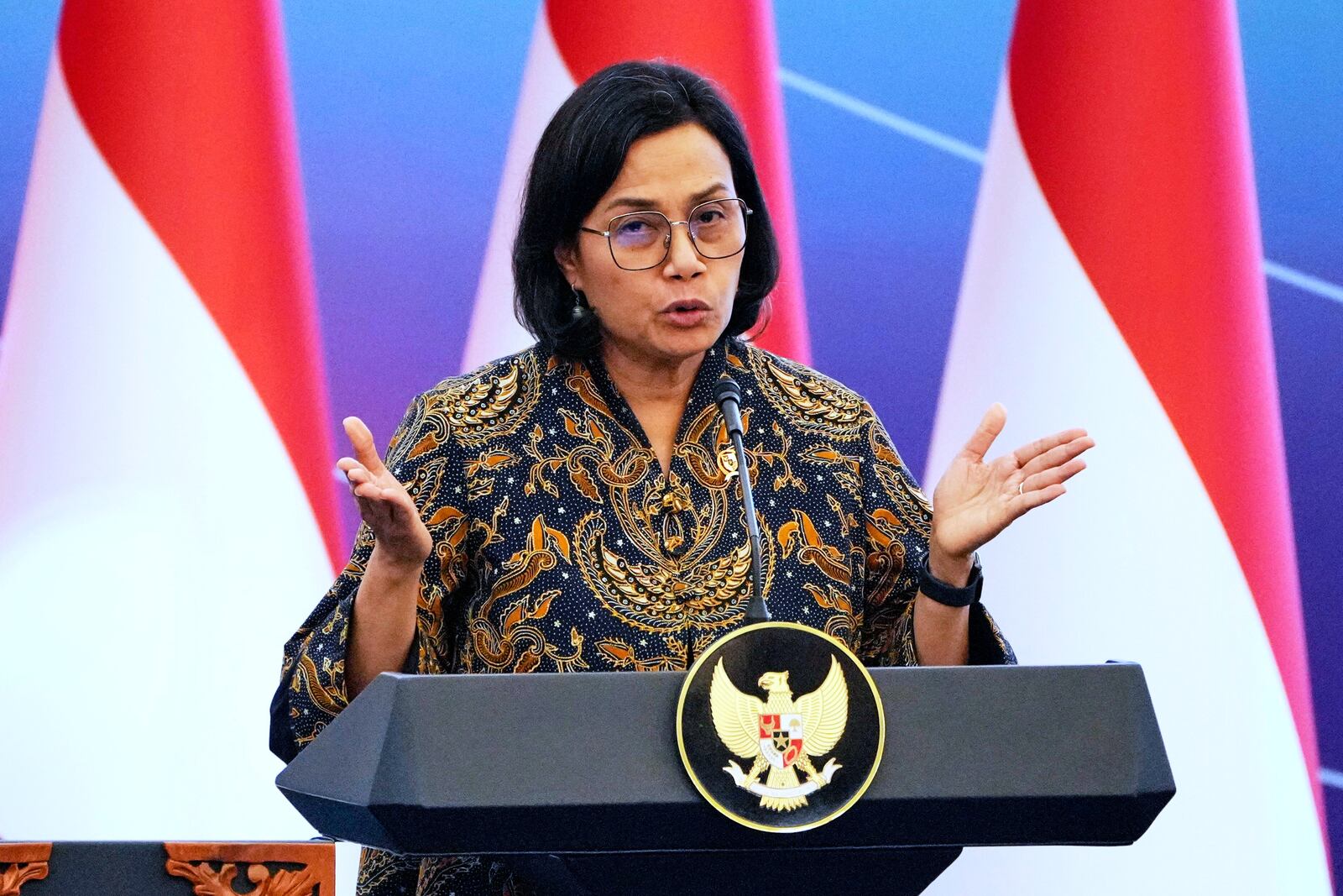 Indonesian Finance Minister Sri Mulyani Indrawati delivers a speech during an event called Economic Gathering with the President of the Republic of Indonesia, in Jakarta, Indonesia, Tuesday, April 8, 2025. (AP Photo/Dita Alangkara)