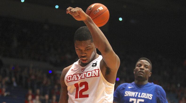 Trey Landers reacts after making a layup and being fouled by Saint Louis on Jan. 22, 2017, at UD Arena.