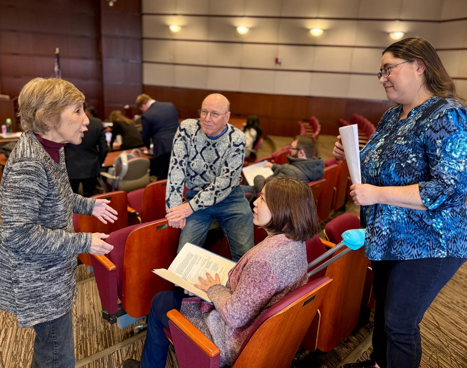 Before the mock trial, drama coach Fran Pesch (left) meets with actors K.L. Storer, Annie Pesch and Angela Timpone.
CAROLE JUDGE/CONTRIBUTED