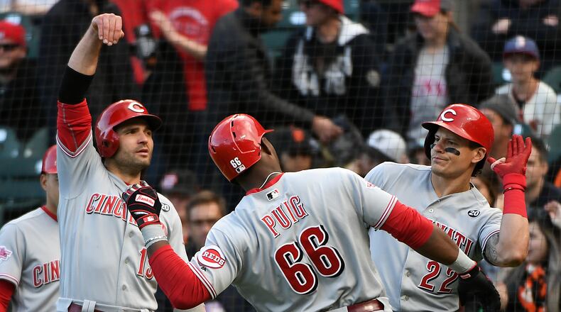 SAN FRANCISCO, CALIFORNIA - MAY 11: Yasiel Puig #66 of the Cincinnati Reds celebrates his two-run home run against the San Francisco Giants with Derek Dietrich #22 and Joey Votto #19 in the first inning of their MLB game at Oracle Park on May 11, 2019 in San Francisco, California. (Photo by Robert Reiners/Getty Images)
