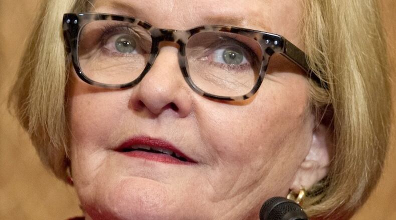 Sen. Claire McCaskill (D-Mo.) at a news conference in Washington, D.C., on April 26, 2016. McCaskill requested an investigation into the Federal Communications Commission's Lifeline program, finding one in three people enrolled in the government-subsidized phone program might not qualify for the service. (Ron Sachs/CNP/Sipa USA/TNS)