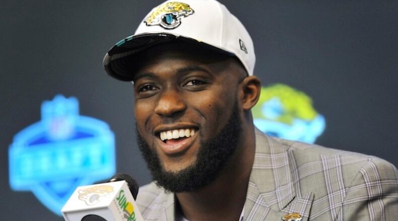The Jacksonville Jaguars' first round draft pick, running back Leonard Fournette answers question from the media Friday, April 28, 2017 at EverBank Field after being selected in the NFL Draft. (AP Photo/Bob Self/Florida Times-Union)