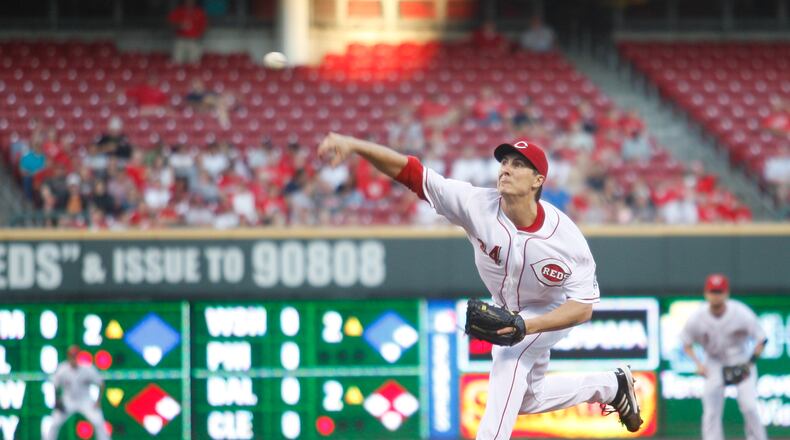 The Reds’ Homer Bailey pitches against the Cardinals on Tuesday, Sept. 3, 2013, at Great American Ball Park in Cincinnati. David Jablonski/Staff