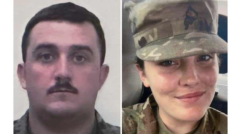 This photo combo shows, National Guard members, from left, Staff Sgt. Andrew Wolfe and Specialist Sarah Beckstrom on Thursday, Nov. 27, 2025. (U.S. Attorney’s Office via AP)