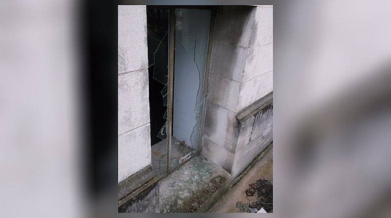 These images of the building at the former Champion Paper mill property and vandalism that was done to windows at the former office building were posted by the Hamilton Police Department on its Twitter account. PROVIDED