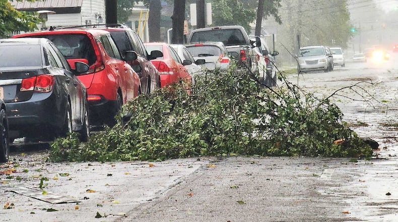 Tree branches block part of Yankee Road in Middletown after the remnants of Hurricane Helene brought high winds and heavy rain. NICK GRAHAM/STAFF